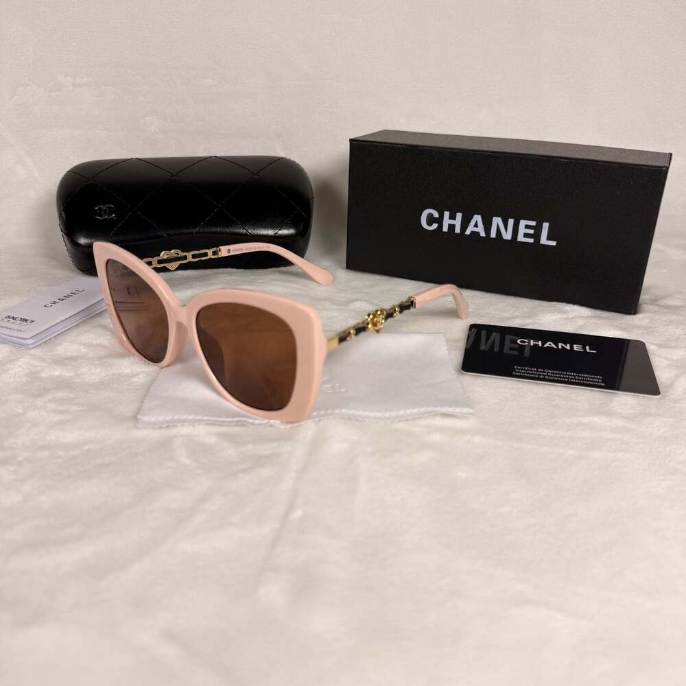 Chanel Cat Eye Sunglasses Pink Frame with Heart Chain Temples